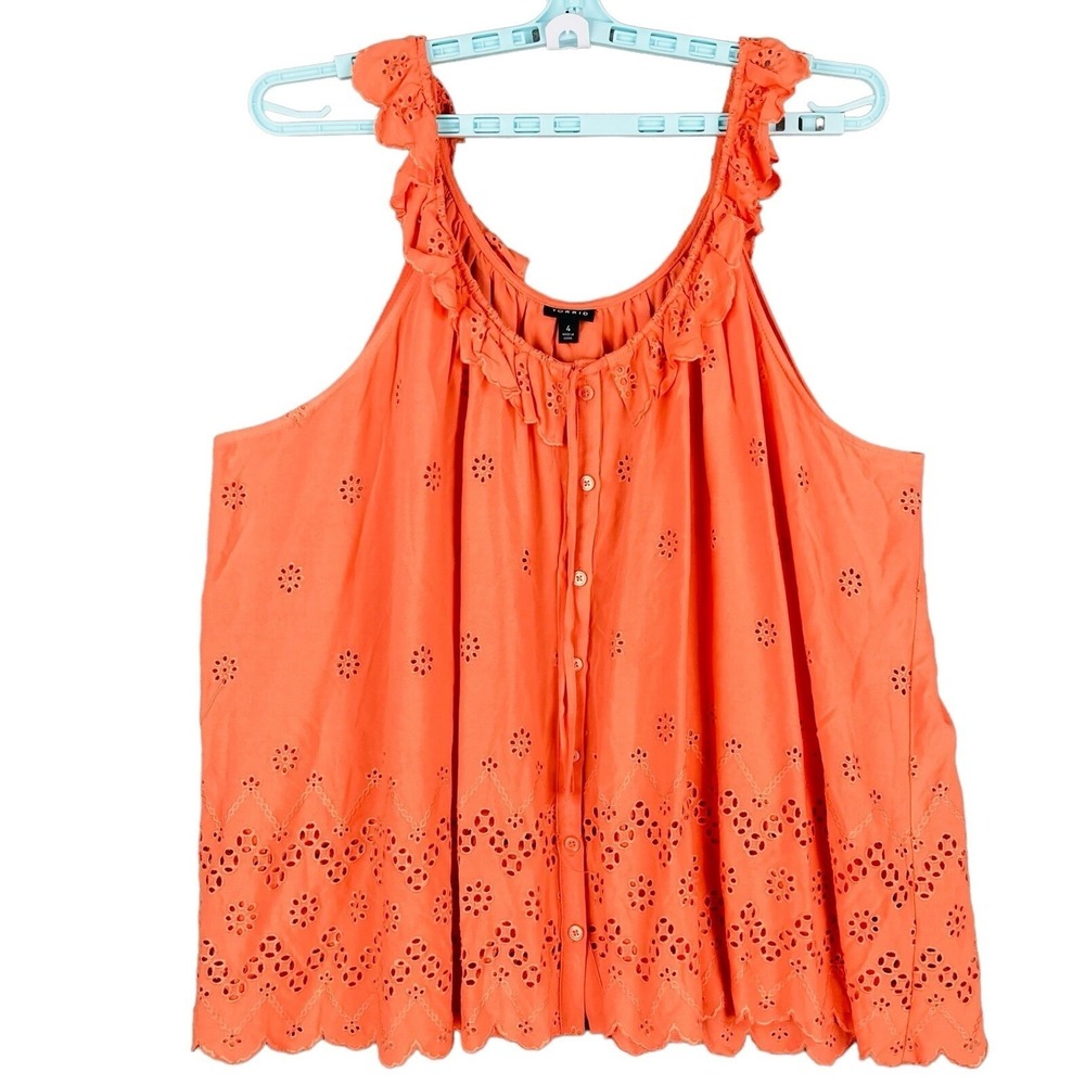 Torrid Women's Eyelet Orange Tank Top Size 4-4X Pullover Ruffle Tie Front
